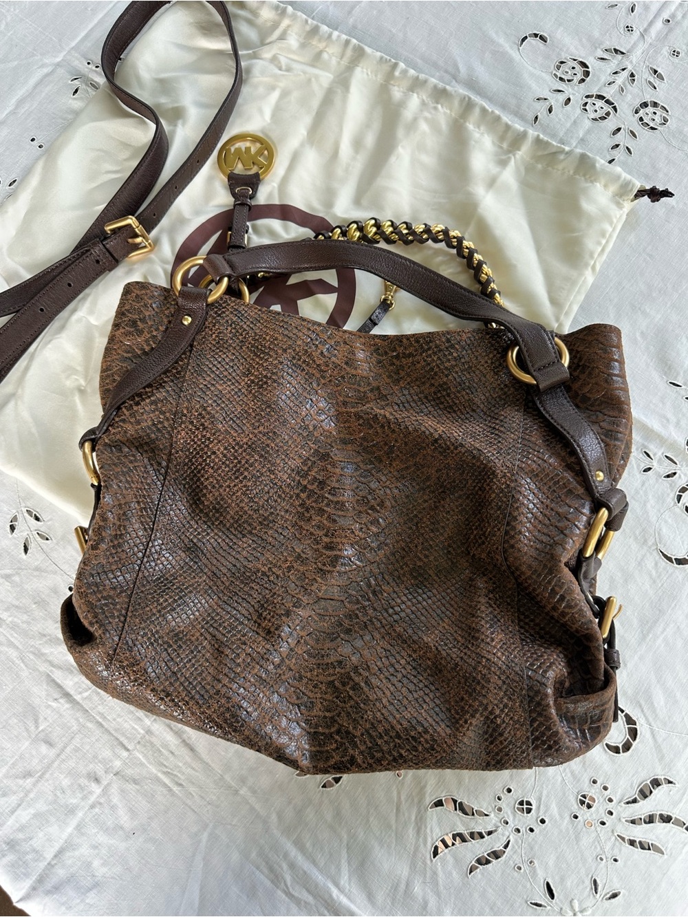 Michael Kors Tristan Large Dark Brown Python-Embossed Leather Bag - Picture 2 of 4